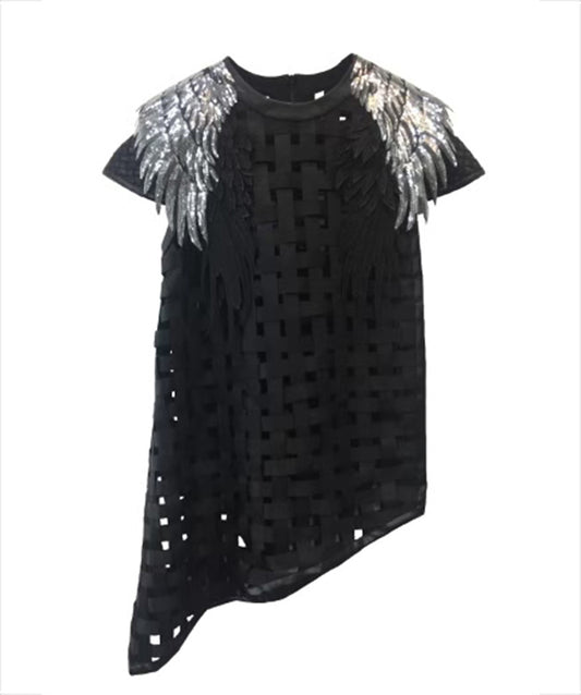 WEAVE FEATHER DECORATED TOP Feather mesh top