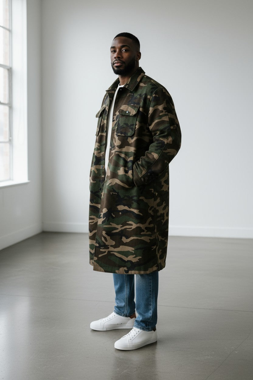 CAMOUFAGE  LONG TRENCHCOAT 迷彩鋪毛長版外套