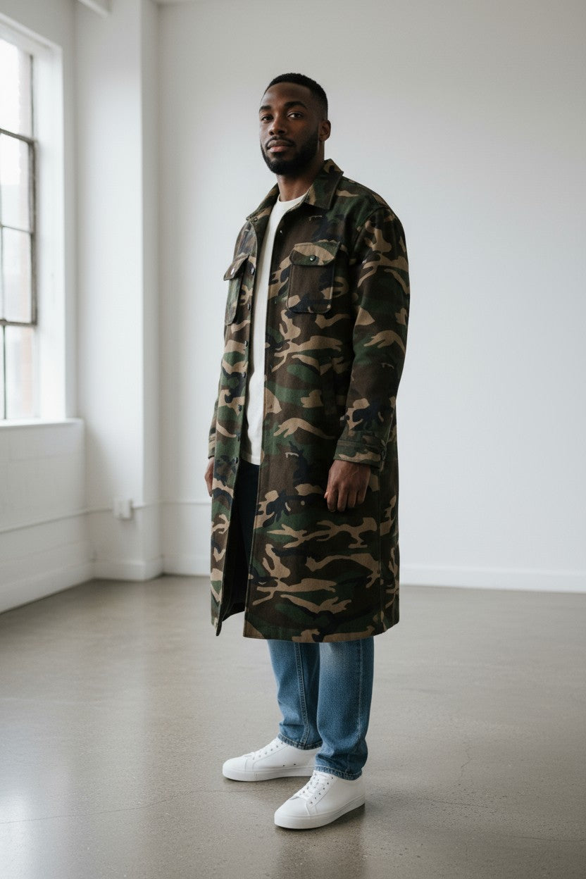 CAMOUFAGE  LONG TRENCHCOAT 迷彩鋪毛長版外套